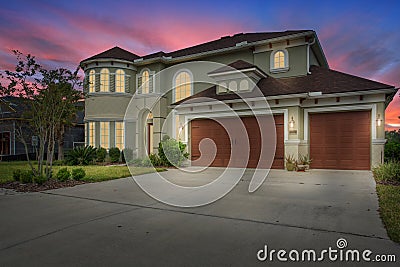 Luxury Home Exterior Dusk Dawn Night Lawn Sunset Interior Lights Turned on Horizontal Orientation Landscape Architectural Stock Photo