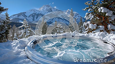 Luxury Hot Tub in a Snowy Mountain Retreat with Scenic Alpine Views. Stock Photo