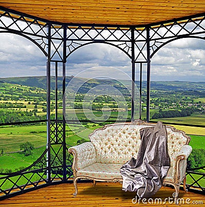 Luxury hotel balcony room with green hills valley mountains landscape picturesque window view Stock Photo