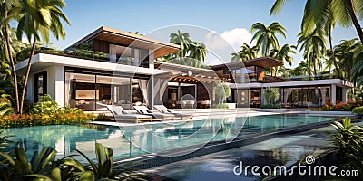 Luxury hotel with pool and palms, modern mansion or expensive house Stock Photo