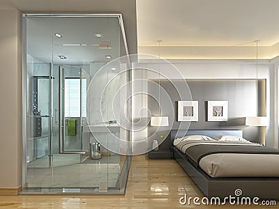 A luxury hotel room in a contemporary design with glass bathroom Stock Photo