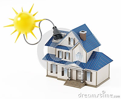 Luxury house covered with solar panels colllecting sunbeam. 3D illustration Cartoon Illustration