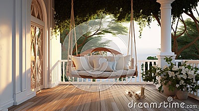 luxury house veranda with hanging swing. Generative AI Stock Photo
