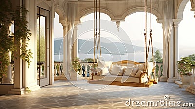 luxury house veranda with hanging swing. Generative AI Stock Photo