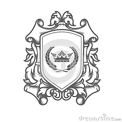 luxury imperial coat of arms template laced heraldic shield with king crown ancestral medieval crest or blazon Vector Illustration