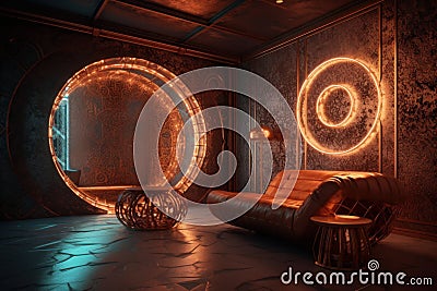 Luxury Interior Design with Copper & Antique Brass Accents and Stunning Neon Lights Stock Photo