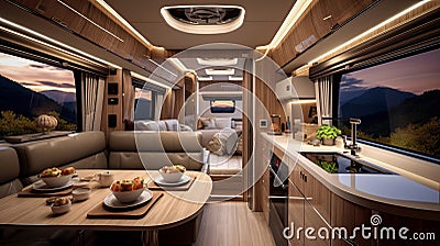 Luxury interior design of modern motorhome. Generative AI. Stock Photo