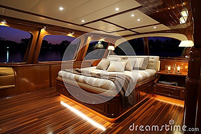 Luxury interior of private yacht in evening. Generative AI Stock Photo