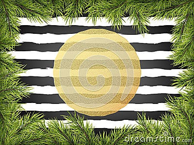 Luxury Invitation poster frame of pine, fir, spruce branches for a Christmas party on a striped black ans white Vector Illustration