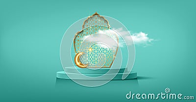 Luxury Islamic Podium with gold arabic window traditional islamic symbols. 3D Horizontal Banner for product showcase Vector Illustration