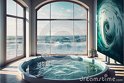 Luxury jacuzzi tub with colorful flower in water with sea and sky view Stock Photo