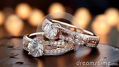 luxury jewelry diamond ring on blurred old wooden background Stock Photo