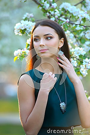Luxury jewelry spring collection. Beauty fashion girl model port Stock Photo