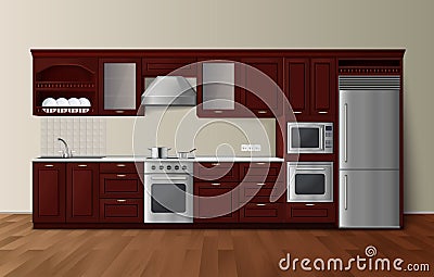 Luxury Kitchen Dark Realistic Interior Image Vector Illustration