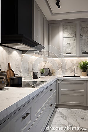 Luxury kitchen interior with white marble carrara countertops and black built in sink Stock Photo