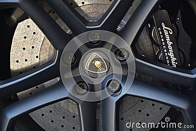 Luxury Lamborghini car tire rim closeup Editorial Stock Photo