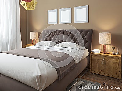 Luxury large modern double bed in the bedroom loft style. Stock Photo