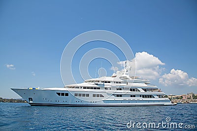 Luxury large super or mega motor yacht in the blue sea. Stock Photo