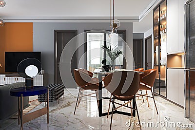 Luxury Leather Chair Set, Ceiling LED Light, Classic Table Lamp in a Luxury Dining Room interior Stock Photo