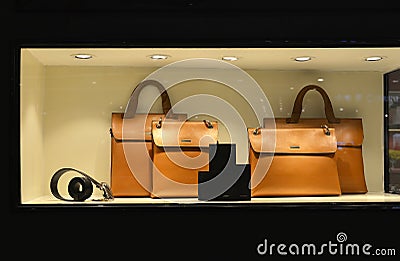 fashionable Luxury leather handbag Belt Wallet in shop window lit up by led light ,handbag store,shopping,clothing shop Stock Photo