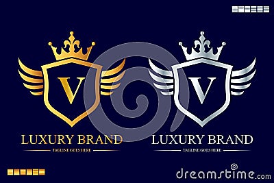 V Luxury Letter Logo, Luxury Brand Logo, Royal Logo With wings and king crown Vector Illustration