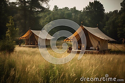 luxury light glamping camping canvas nature vacation forest travel tent. Generative AI. Stock Photo