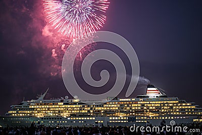 Luxury liner and fireworks Yokohama Sparkling Twilight Stock Photo