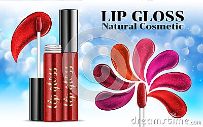 Luxury lip gloss ads Shades of shine sticky glossy liquid transparent glass container Cosmetics Package Design Promotion Product. Vector Illustration