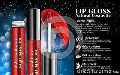 Luxury lip gloss ads sticky glossy liquid with transparent glass container Cosmetics Package Design Product blur dark background. Vector Illustration