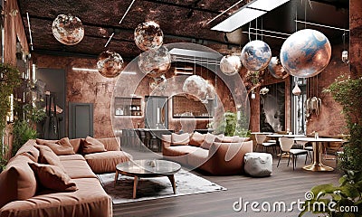 Luxury loft interior design of modern living room with terra cotta sofa. Created with generative AI Stock Photo
