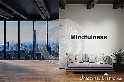 Modern luxury loft with skyline view and vintage couch, wall with mindfulness lettering, 3D Illustration Stock Photo