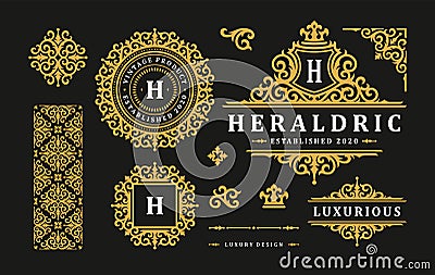 Luxury logo vintage ornament monograms and crest templates design vector illustration set Vector Illustration