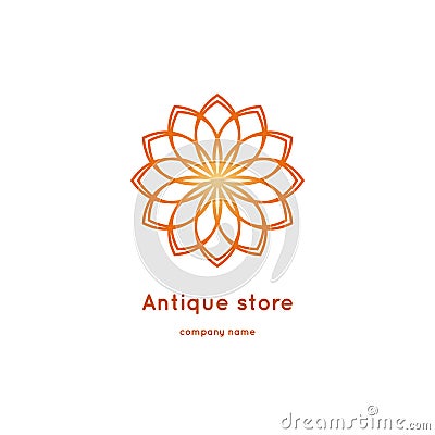 Luxury logotype for antique store. Volumetric golden big bud. Kaleidoscope Vector Illustration