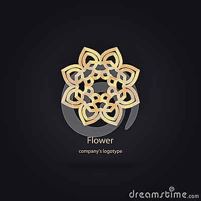 Luxury logotype in the shape of a flower for antique boutique. Gold logo, flower. Simple geometric sign. Icons, business, Vector Illustration