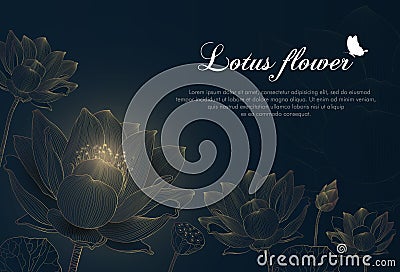 Luxury lotus background design with golden line and dark blue color. Lotus flowers line arts design for wallpaper, banner, prints, Vector Illustration