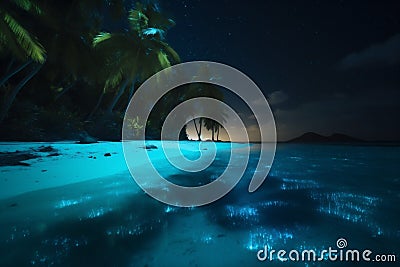 palm beach luminous sky ocean vacation tree tropical night blue paradise. Generative AI. Stock Photo