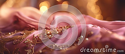 Luxury magenta fabric with golden embroidery. Close-up horizontal blurred background. Generative AI Stock Photo