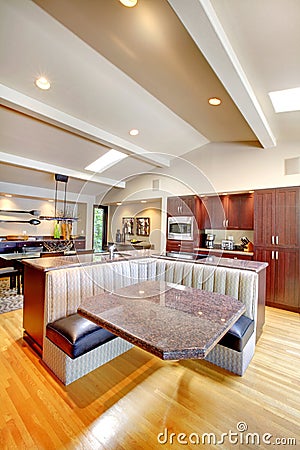 Luxury mahogany Kitchen with modern furniture. Stock Photo