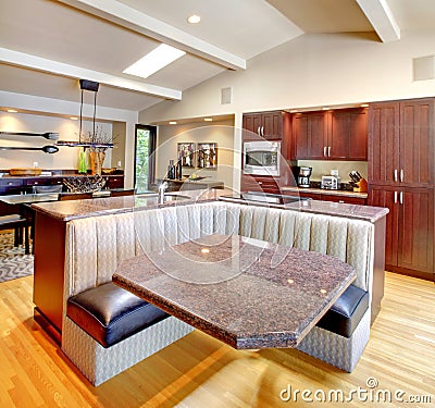 Luxury mahogany Kitchen with modern furniture. Stock Photo