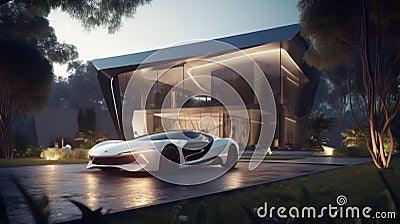 Luxury Mansion with Sleek Supercar Parked Outside Stock Photo