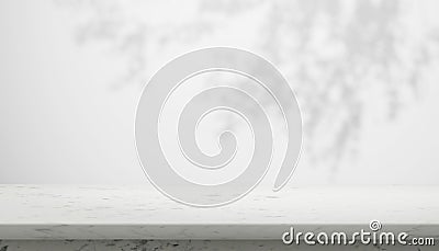 Luxury marble table with plant shadow on white wall for product placement display. Modern minimal interior design with trendy Stock Photo