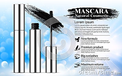 Luxury mascara brush silver package with eyelash applicator Cosmetics Advertising Banner Billboard Poster Catalog. Package Design Vector Illustration