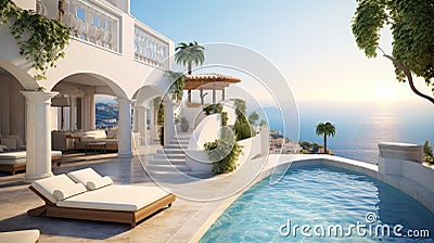 Luxury Mediterranean villa with pool overlooking sea in summer. Rich mansion with terrace, white house or resort hotel in Greek Stock Photo