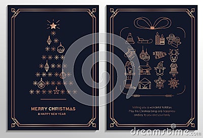Luxury Merry Christmas greeting cards set with rose gold and navy blue colors Vector Illustration