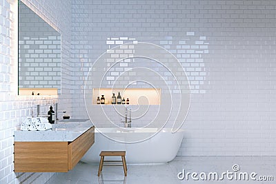 Luxury minimalist bathroom interior with brick walls. 3d render. Stock Photo