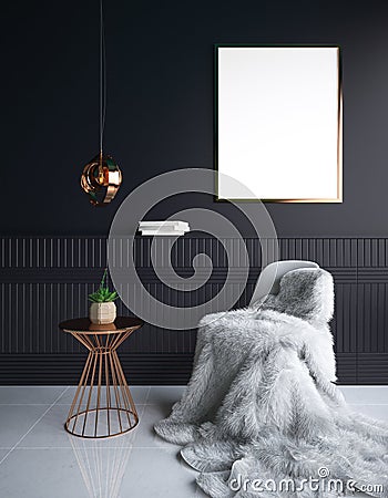 Luxury minimalist dark living room interior with fur on chair and poster mockup Stock Photo