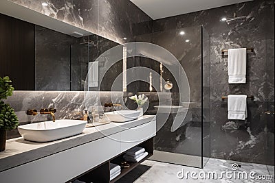 Luxury, modern bathroom with black and white marble carrara walls and floor, shower and faucet Stock Photo