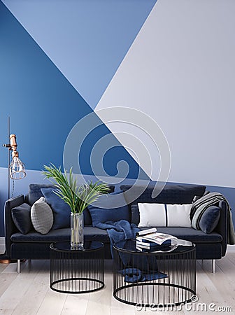 Luxury modern blue living room interior with geometric form patterned wall, dark blue sofa, floor lamp and coffee table Stock Photo