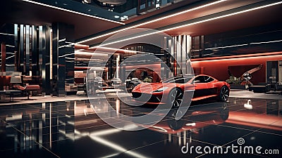 A luxury modern car dealership interior red car car showroom wall mockup HD 1920*1080 Stock Photo