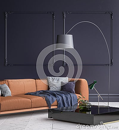 Luxury modern dark blue living room interior with white parquet floor, brown sofa, floor lamp and coffee table Stock Photo